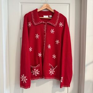 Vintage Red Snowflake Embroidered Collared Cardigan Button Front Sweater Size XL